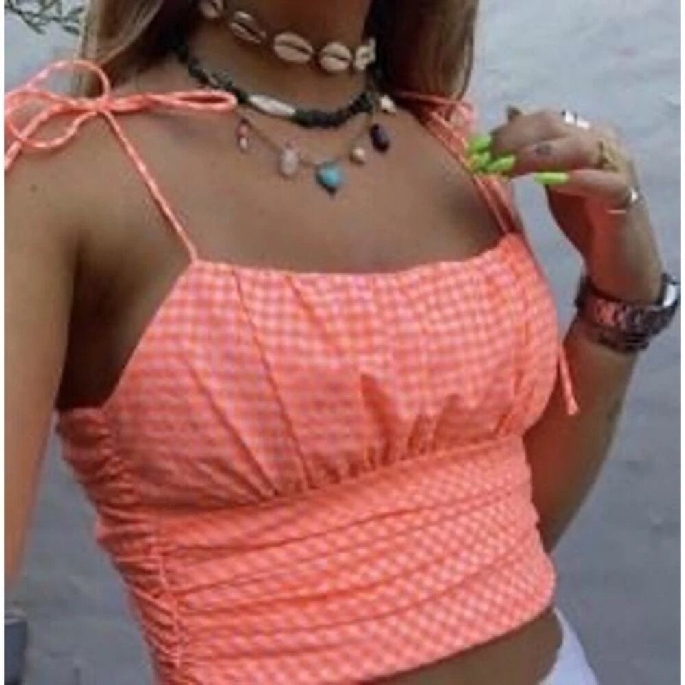 ZARA Gingham Ruched Smocked Back Sleeveless Crop Top Tie Straps XS Neon Orange